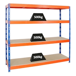 PROREGAL Profi Schwerlastregal RHINO | HxBxT 180x200x60cm | 4 Spanplatten-Ebenen 16mm | Fachlast 500kg | Blau/Orange | Stecksystem Lagerregal Image