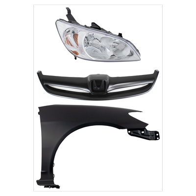 2004 Honda Civic 3-Piece Kit Passenger Side Headlight with Fender and Grille, without Bulb, Halogen, Sedan