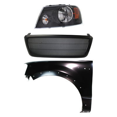 2007 Ford F-150 3-Piece Kit Driver Side Headlight with Fender and Grille, with Bulb, Halogen, Headlight - Black-Out Bezel