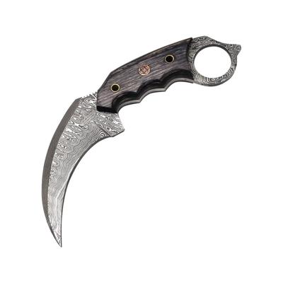 FH Knives Damascus Black Karambit Knife 7.63in Overall 4in Damascus Steel Karambit Blade Black Pakkawood Handle Leather Sheath KMBT-002