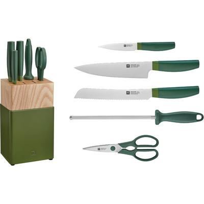 HENCKELS ZWILLING Now S 6-Piece Green Block Set 8in Serrated Bread Blade/ 8in Chef's Blade/ 4in Paring Blade Green Polypropylene Handle 53070-110