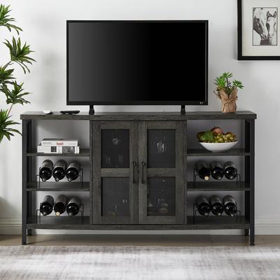 Industrial Wine Bar Cabinet - Liquor Storage Credenza with Wine Racks & Stemware Holder