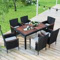 Kadyn 7-Piece Outdoor Patio Dining Set Garden PE Rattan Wicker Dining Table and Chairs Set for 6-Person Stackable Armrest Chairs with Cushions Reddish-brown