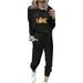 REORIAFEE Women 2 Piece Outfits Sets Golf Athletic Clubwear Thanksgiving Print Sport Pullover Leisure Crop Tops + Pants Set Black S