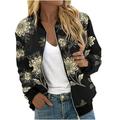 CZHJS Stand up Collared 2023 Trendy Oversized Zip up Lightweight Jacket Women s Floral Printing Fashion Clothing Loose Fall Tops Baseball Bomber Casual Long Sleeve Outwear Spring Black XL Shirts