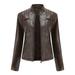 Women s Slim Leather Stand Collar Zip Motorcycle Suit Belt Coat Jacket Tops Comfy Loose Fit Long Sleeve Jacket Coat