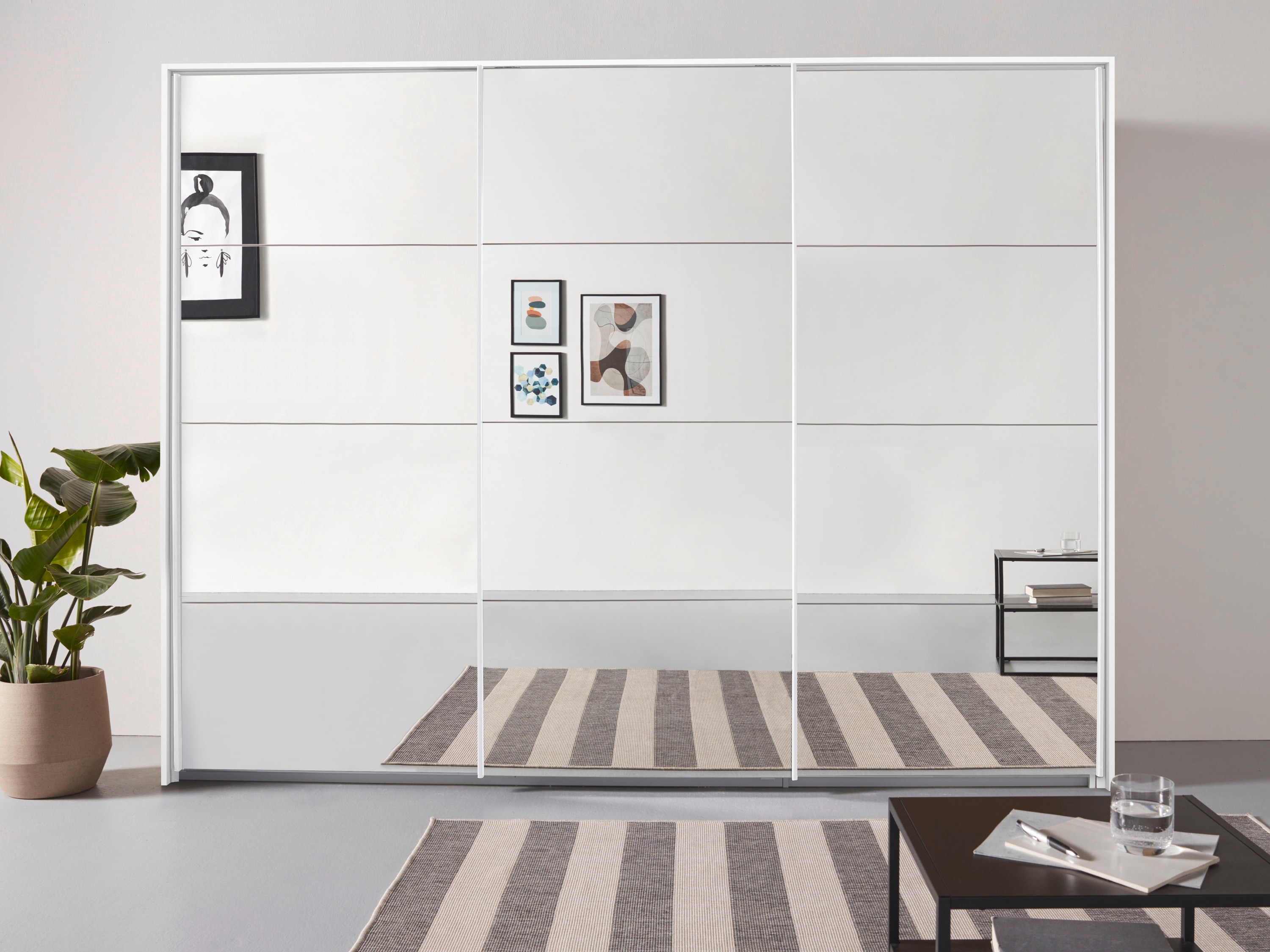 Schwebetürenschrank RAUCH "Kleiderschrank Schrank Garderobe OTELI inkl. 3 Innenschubladen", weiß, B:278cm H:214cm T:68cm, Holzwerkstoff, Schränke, mit Spiegelfront und Passepartout optional mit Beleuchtung Image