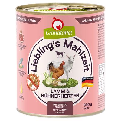 Sparpaket: 24x800g GranataPet Liebling's Mahlzeit Lamm & Hühnerherzen Hundefutter nass