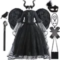 Robe de Sorcière d'Halloween pour Fille Costume de Cosplay de Reine Maléfique Noire à Volants en