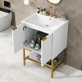 24" Bathroom Vanity with Ceramic Sink Storage Cabinet and Shelves,White