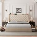 Feonase Queen Bed Frame with 4 Storage Drawers Type-C & USB Port and Charging Station Upholstered Wingback Headboard and Storage Shelf No Box Spring Needed Easy Assembly Beige