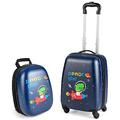 Maxmass 2PCS Kids Luggage Set, 12" & 16" Hard Shell Children Trolley Case with 4 Universal Wheels, Girls Boys Suitcase and Backpack Set for Travel (Navy, Dinosaur)
