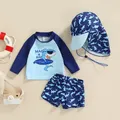 Maillot de bain à rayures pour enfants manches longues haut + short + chapeau imprimé requin