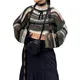 Haut court en tricot pour femmes manches longues col ras du cou ajouré couleur contrastée pulls