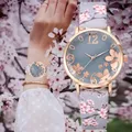 Montre-bracelet à quartz pour femme cadran rond floral créatif bracelet en similicuir analogique