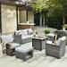 Ovios 6 Pieces Outdoor Furniture Set with Fire Pit Wicker Patio Sectional Sofa Furniture with Storage Box & Grey Cushions