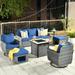 Ovios 7 Pieces Outdoor Furniture Set with Fire Pit Wicker Patio Sectional Sofa Furniture with Swivel Chair & Navy Blue Cushions