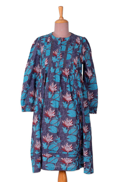 Waterlily,'Floral Printed Blue-Toned Knee-Length Cotton Shirt Dress'