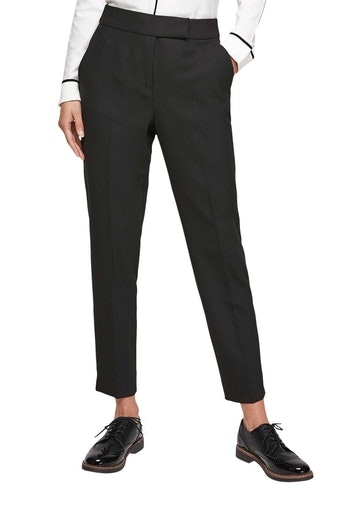 7/8-Hose S.OLIVER BLACK LABEL, Damen, Gr. 44, N-Gr, grau (grau, schwarz), Web, Obermaterial: 47% Polyester, 47% Viskose, 6% Elasthan, unifarben, slim fit knöchelfrei, Hosen, mit asymmetrischem Hakenverschluss