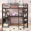 Metal Loft Bed with L-Shaped Desk & Shelves, High Junior Loft Bed Frame w/USB Ports & Wireless Charging for Kids Boys Girls