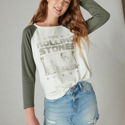 Lucky Brand Rolling Stones Ticket Raglan Tee - Women's Clothing Tops Shirts Tee Graphic T Shirts in Egret, Size XL