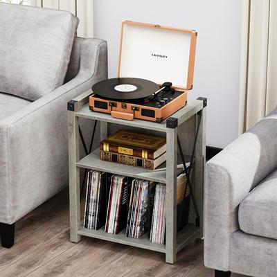 Farmhouse Wooden Record Player Stand with X Metal Frame - 13.7"D x 17.7"W x 26.3"H