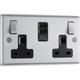 BG Brushed Steel USB 13A Black Insert Switched Socket 2 Gang + 2 USB (3.1A) in Silver Stainless Steel