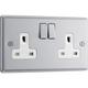 BG Brushed Steel 13A DP White Insert Switched Socket 2 Gang in Silver Stainless Steel