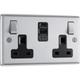 BG Brushed Steel 13A Black Insert Switched Socket + A & C Type USB 2 Gang + 2 USB (4.2A) in Silver Stainless Steel