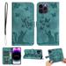 Butterfly Embossed Case for Apple iPhone 14 Pro Max - 6.7 inch Slim Cat Patterned Leather Folio Cover Card Holder Kickstand Cute Stylish Women Flip Case Magnetic Clasp Flip with Wrist Strap Green