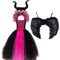 IBTOM CASTLE Kids Girls Maleficent Witch Devil Costume Fancy Evil Queen Dress Up Halloween Carnival Cosplay Party Tulle Puffy Dress with Horn and Wings Princess Gown 04 Hot Pink 8-9 Years