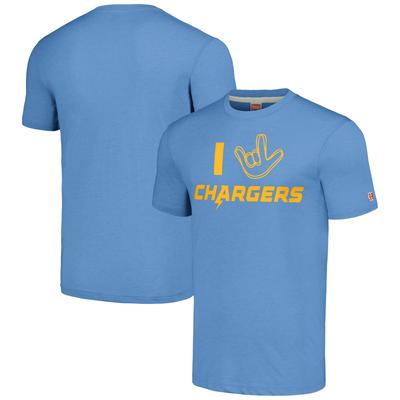 Unisex-Tri-Blend-T-Shirt „Homage Powder Blue Los Angeles Chargers“ aus der NFL ASL-Kollektion von Love Sign