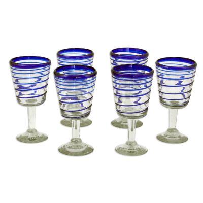 'Cobalt Spirals' (set of 6) - Handblown Recycled Glass Six Striped Blue Wine Glasses