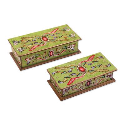 'Ruby' (pair) - Handcrafted Reverse Painted Glass Jewelry Boxes