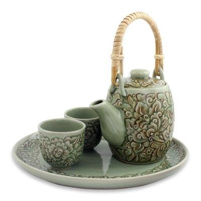 Celadon ceramic tea set, 'Thai Camellia in Brown' (set for 2)