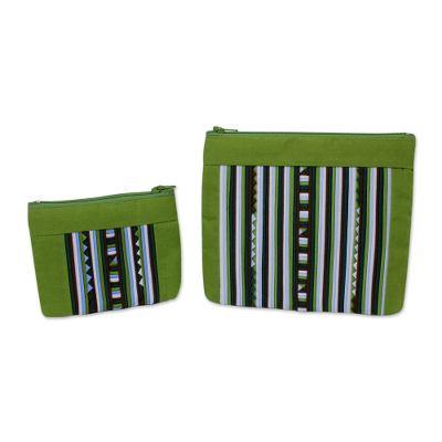 Cotton blend cosmetic bags, 'Exotic Lisu in Lime Green' (pair)