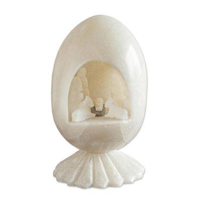 'Holiday of Peace and Love' - Carved White Stone Nativity Egg Sculpture Peru