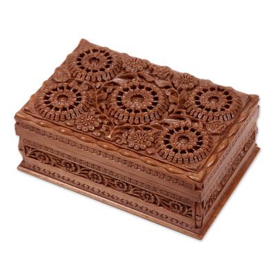 'Sunflower Mandalas' - Hand Carved Floral Wood Jewelry Box