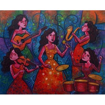 Harmony of a Concert,'Original Painting of a Balinese Women's Musical Group'