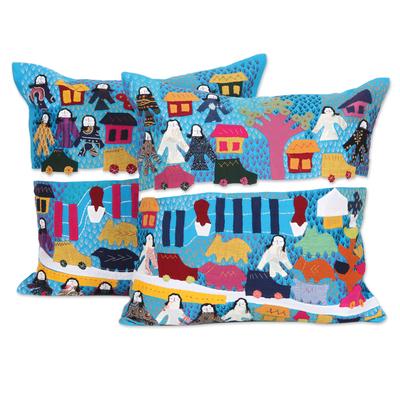 City Life,'2 Cotton Cushion Covers with Hand Embro...