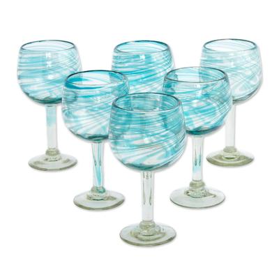 Elegant Aqua Swirl,'Set of 6 Recycled Hand Blown Aqua Wine Glasses from Mexico'