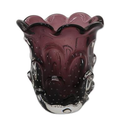 Ruffled Purple Basket,'Brazilian Hand Blown Purple Art Glass Vase 8 In Tall'