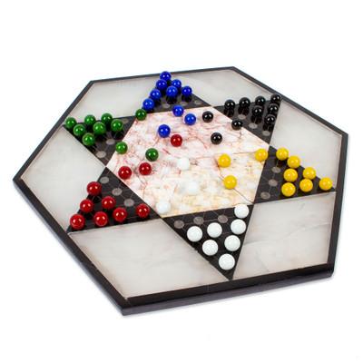 'Colorful Contrast' - Hand Crafted Marble Chinese Checker Game Set