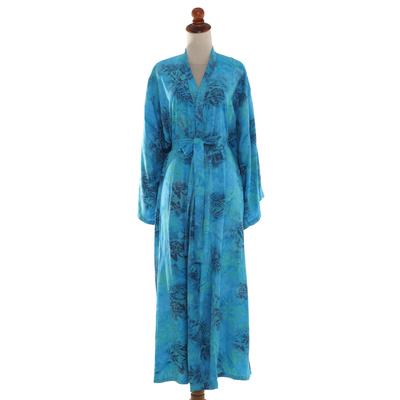 Daylight Eden,'Blue and Green Rayon Morning Garden Batik Long Sleeved Robe'