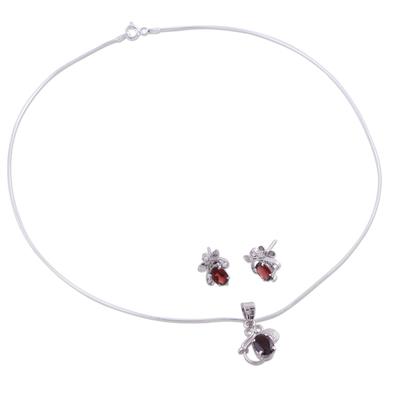 'Red Leaves' - Floral Jewelry Set in Sterling Silver and Garnet