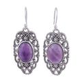 Mughal Tapestry,'Amethyst Cabochon Dangle Earrings in Sterling SIlver'