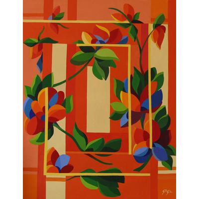 Flowers in the Window,'Original Cubist Floral Painting in Fiery Tropical Colors'