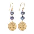 Golden Coin in Black,'Cultured Black Pearl and Brass Coin Dangle Earrings'