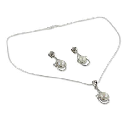 'Lunar Magic' - Bridal Pearl Jewelry Set Sterling Silver Necklace Earrings
