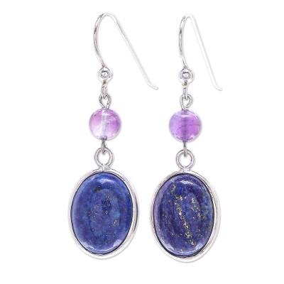 Universe in Blue,'Lapis Lazuli and Amethyst Bead Dangle Earrings'
